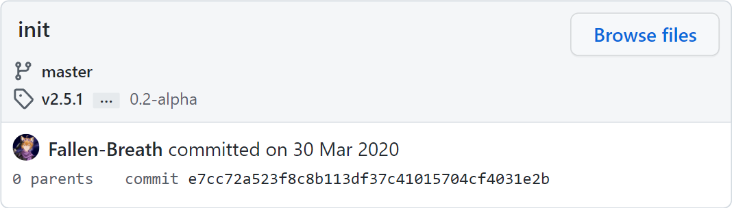 The first commit of MCDReforged<sup id="fnref:7" class="footnote-ref"><a href="#fn:7" rel="footnote"><span class="hint--top hint--rounded" aria-label="Fallen-Breath. "[init](https://github.com/Fallen-Breath/MCDReforged/commit/e7cc72a523f8c8b113df37c41015704cf4031e2b)". GitHub. 30 May 2020 [Archived](https://web.archive.org/web/20220823113116/https://github.com/Fallen-Breath/MCDReforged/commit/e7cc72a523f8c8b113df37c41015704cf4031e2b) from the original on 23 August 2022. Retrieved 23 August 2022.">[7]</span></a></sup>