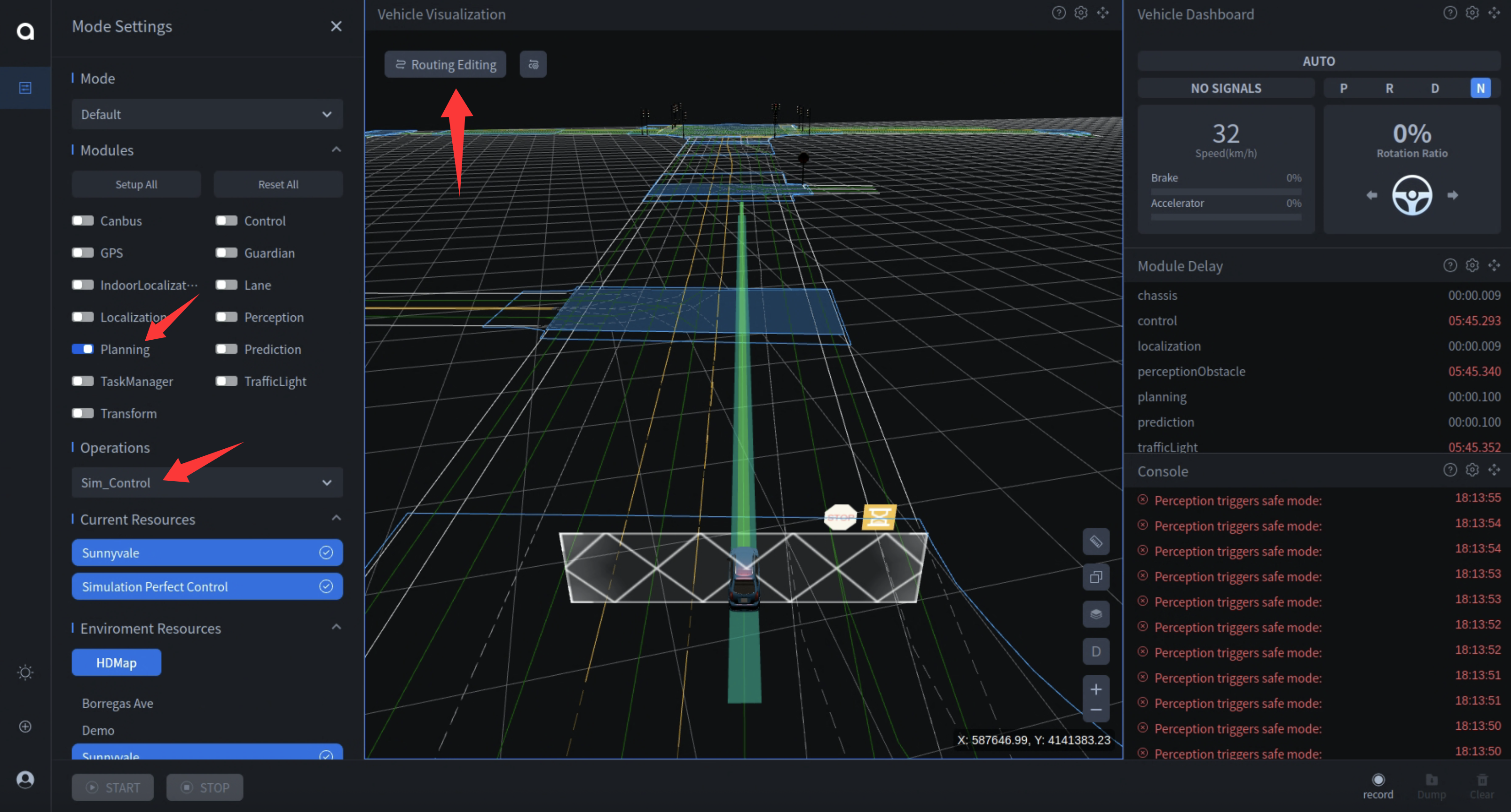 Switch to Sim Control mode, open Planning module, enter Route Editing