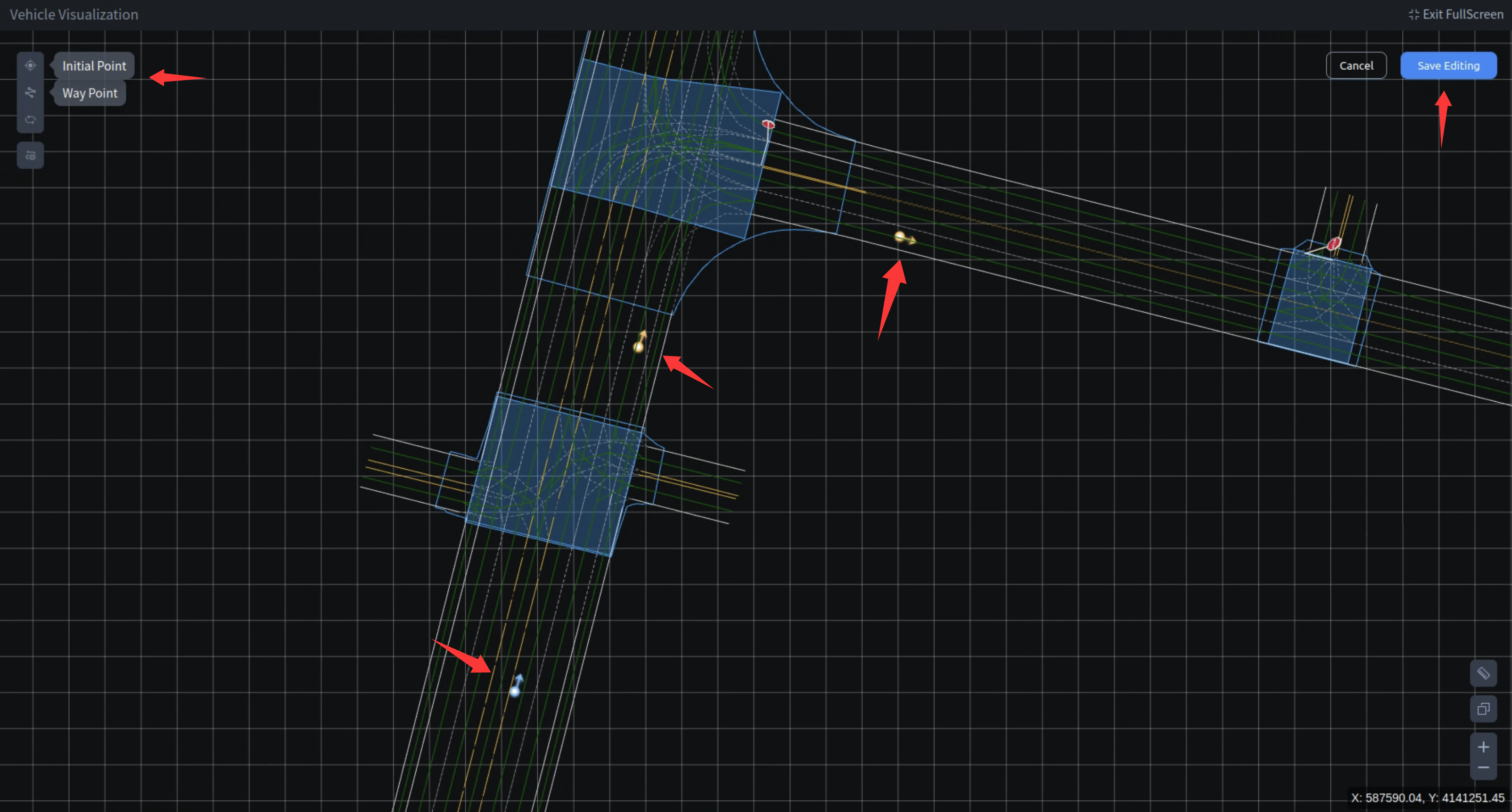 Use Initial Point and Way Point to set start, waypoints, and end points, drag the mouse to set direction, click Save Editing to save and exit